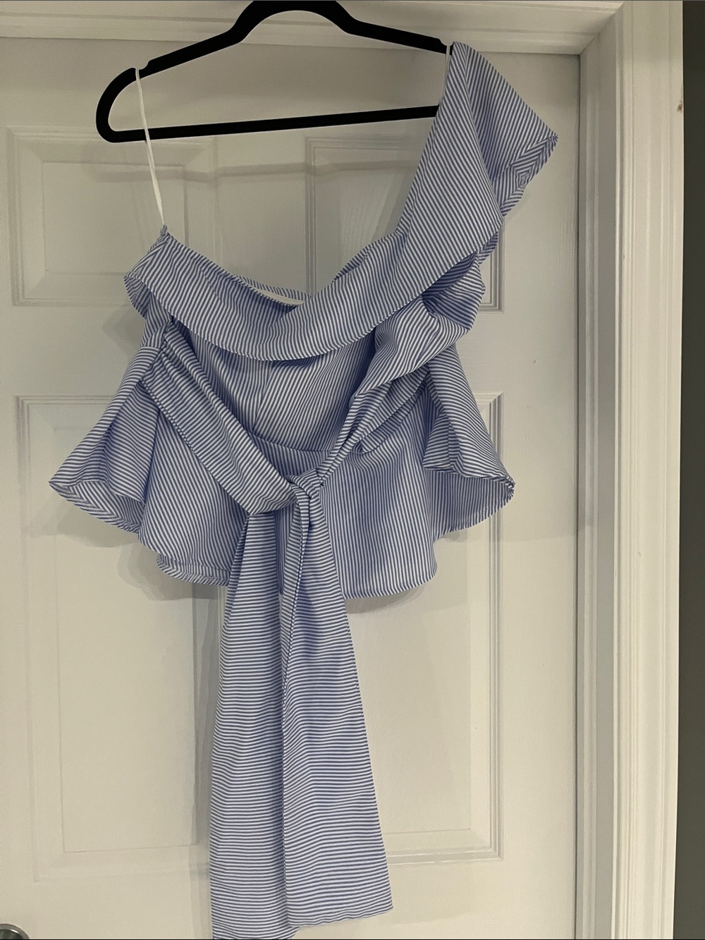 3/$15 Striped One-Shoulder Ruffle Tie-Back Top - Light Blue & White